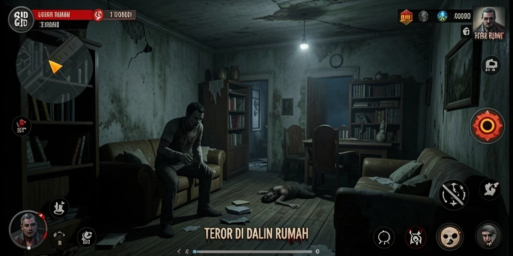 Antarmuka menakutkan dalam game Horor Rumah yang penuh misteri.